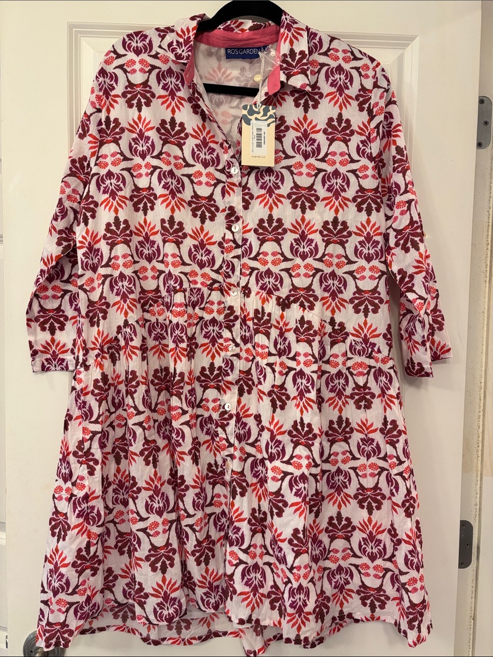 Ro’s Garden Deauville Teresina Pink 100% Cotton Shirt Dress Size L Cottagecore